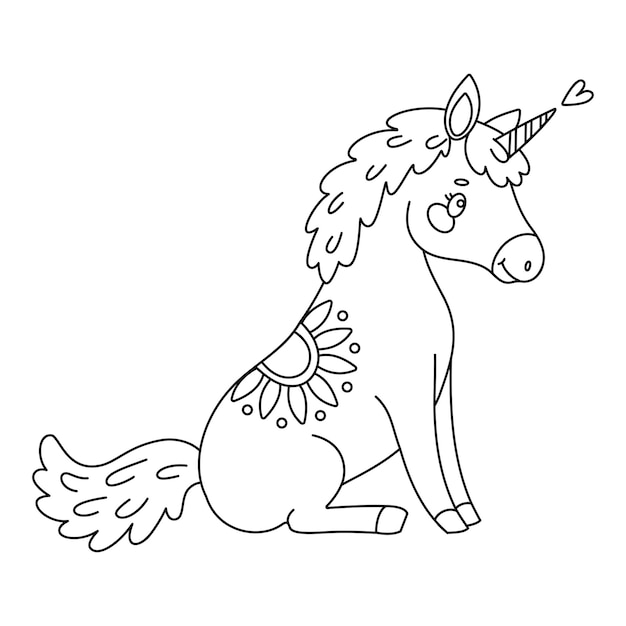 Cute magical unicorn hand drawn doodle line art coloring book magical pony