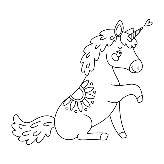 Cute magical unicorn hand drawn doodle line art coloring book magical pony