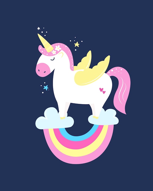 Cute magical unicorn. Print for t-shirt, greeting card or sticker. Vector illustration