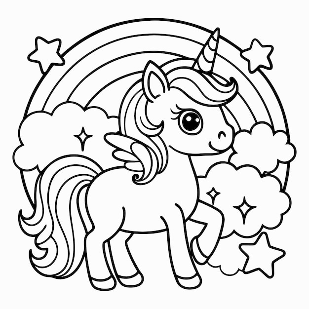 Cute magical unicorn and rainbow black and white coloring page