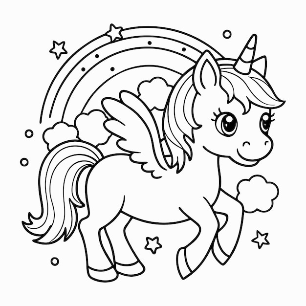 Cute magical unicorn and rainbow black and white coloring page