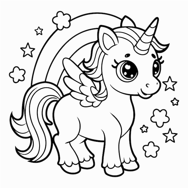 Cute magical unicorn and rainbow black and white coloring page