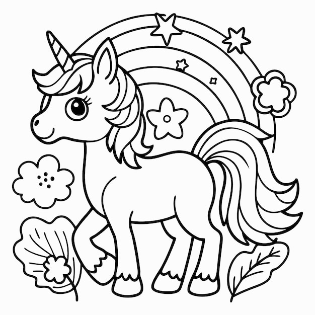 Cute magical unicorn and rainbow black and white coloring page