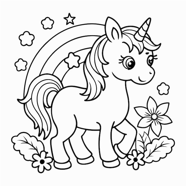 Cute magical unicorn and rainbow black and white coloring page