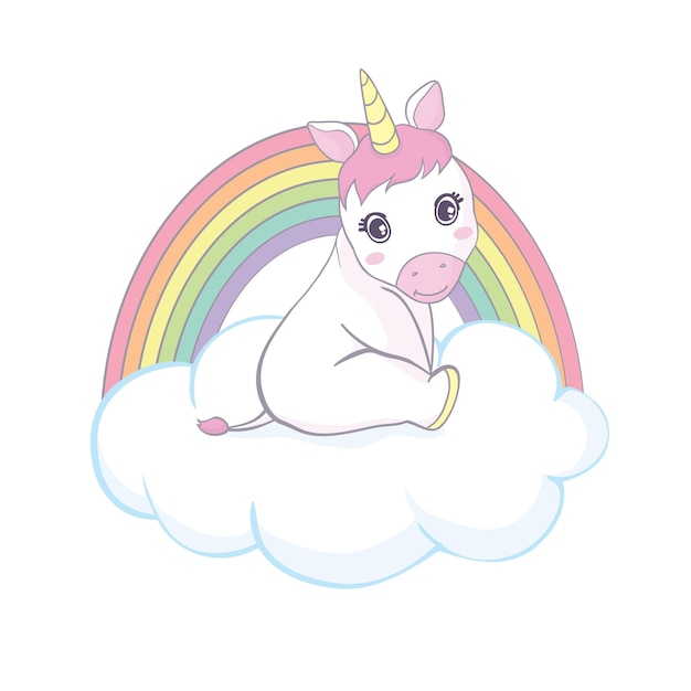 Cute magical unicorn and rainbow Vector design isolated on white background Print for tshirt or sticker Romantic hand drawing illustration for children