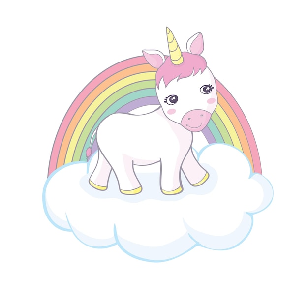 Cute magical unicorn and rainbow Vector design isolated on white background Print for tshirt or sticker Romantic hand drawing illustration for children