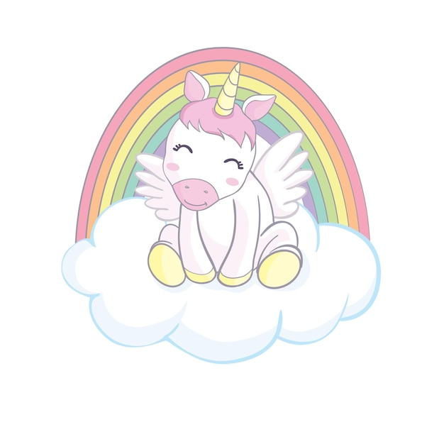 Cute magical unicorn and rainbow Vector design isolated on white background Print for tshirt or sticker Romantic hand drawing illustration for children