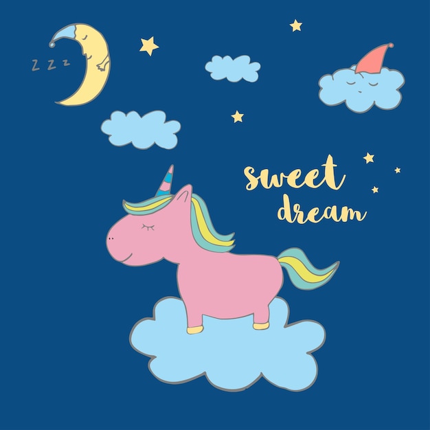 Cute magical unicorn. Sweet kids graphics for t-shirts, baby shower, postcard, poster, banners, scrapbook, sticker, invitation design. Vector illustration with doodle nursery art.