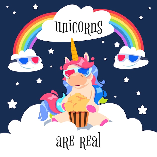 Cute magical unicorn with rainbow. Fantasy pony on clouds.