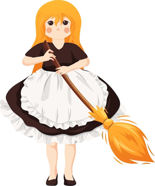 Cute maid girl with a broom and a dress with ruffles isolated