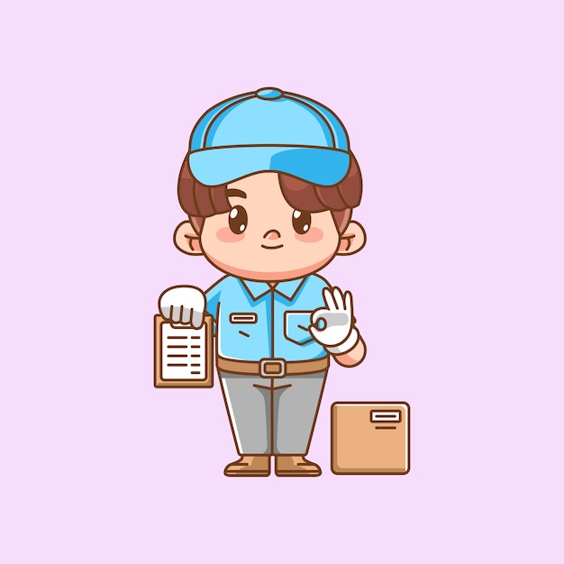 Cute male courier package delivery hold receipt note kawaii chibi character mascot illustration