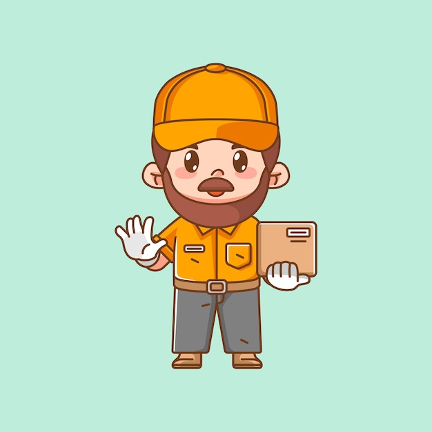 Cute male courier package delivery kawaii chibi character mascot illustration outline style design