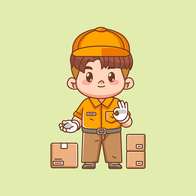 Cute male courier package delivery ok gesture kawaii chibi character mascot illustration outline