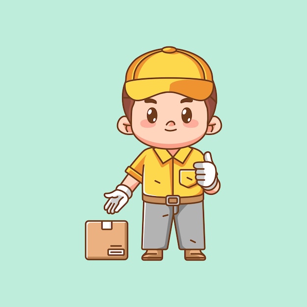 Cute male courier package delivery serving kawaii chibi character mascot illustration outline style