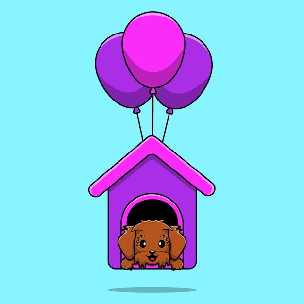 Cute Maltipoo Dog In House Floating With Balloon Cartoon Vector Icon Illustration