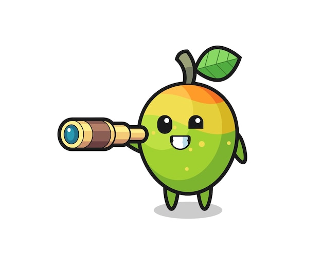 Cute mango character is holding an old telescope