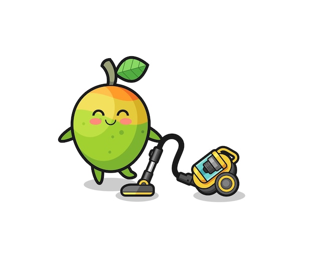 Cute mango holding vacuum cleaner illustration  cute design