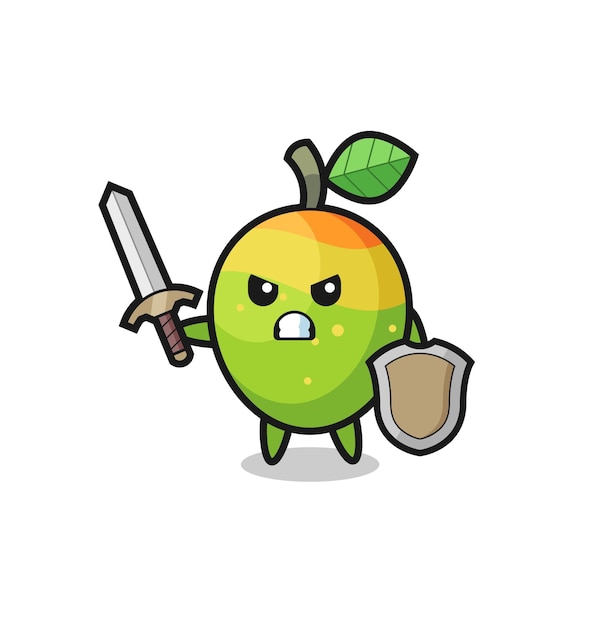 Cute mango soldier fighting with sword and shield , cute style design for t shirt, sticker, logo element