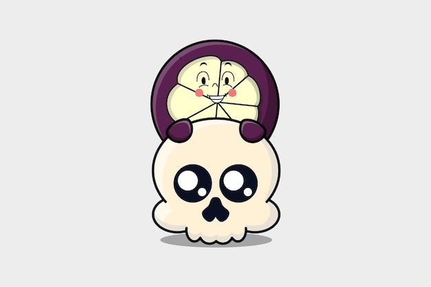 Cute Mangosteen cartoon character hiding in skull iCute Mangosteen cartoon character hiding in skull