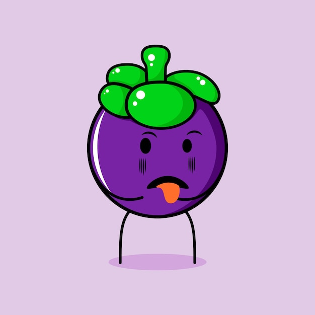 cute mangosteen character with disgusting expression and tongue sticking out. green and purple