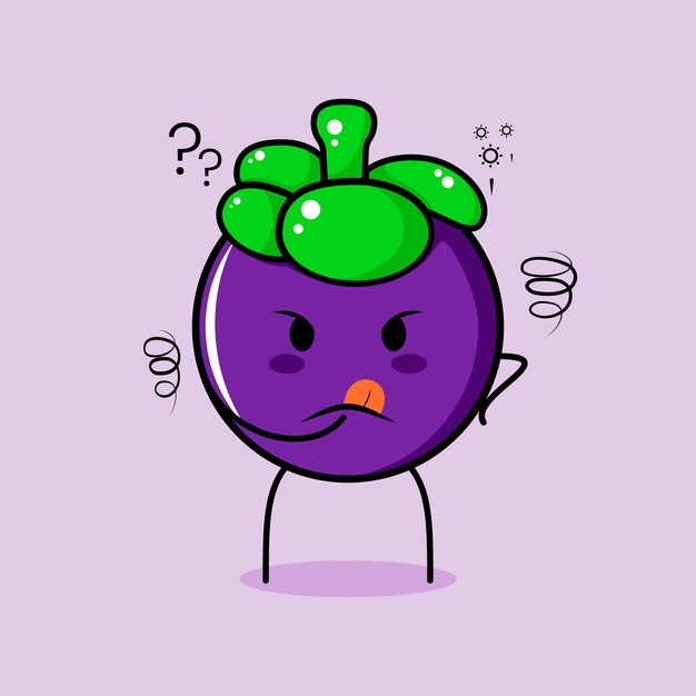 cute mangosteen character with thinking expression and hand placed on chin