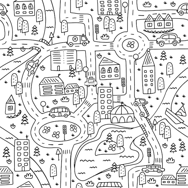 Cute map of a small town with roads cars houses and a river Seamless pattern