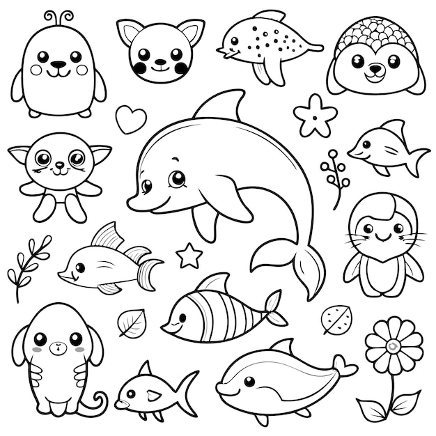 Vector cute marine animal illustrations for coloring