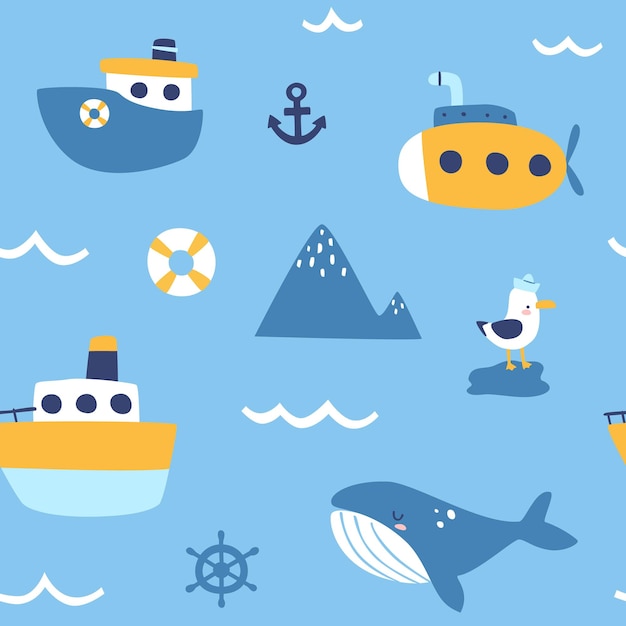 Cute marine baby pattern with ships and whale