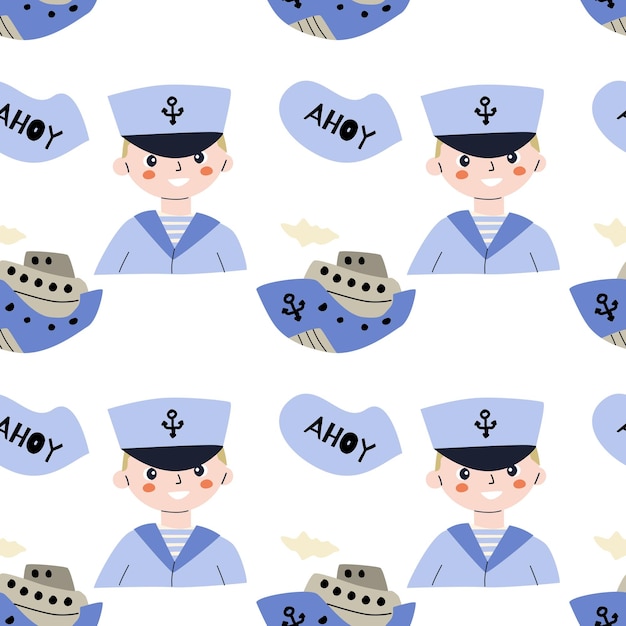 Cute marine baby seamless pattern with nautical boy elements