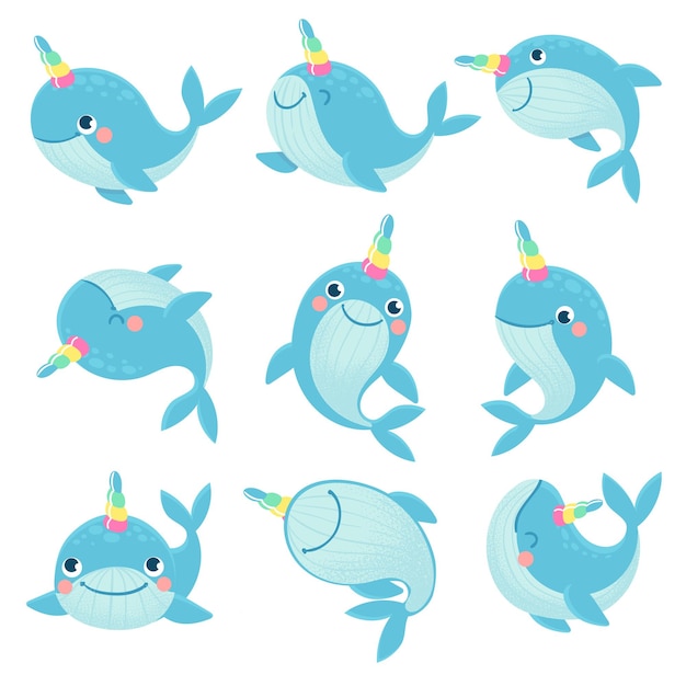 Cute marine narwhals with colorful horn