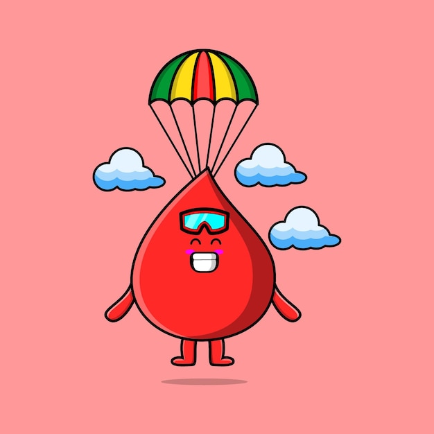 Cute mascot cartoon Blood drop is skydiving with parachute and happy gesture cute modern style