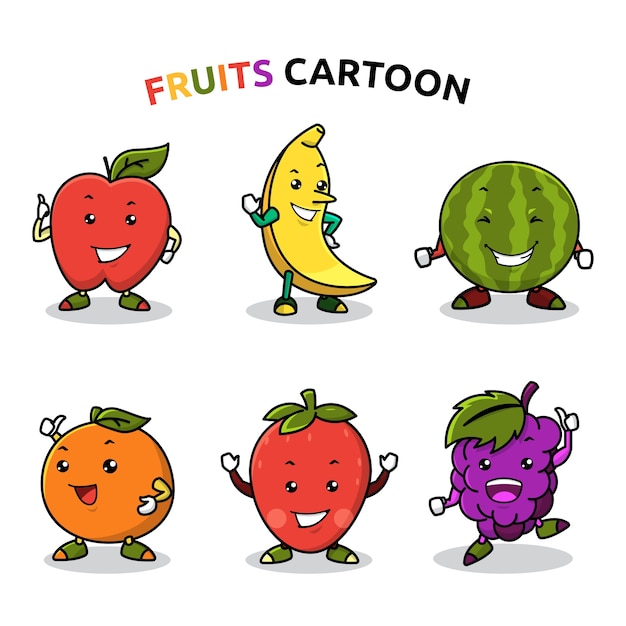 Cute Mascot Cartoon of Fresh Fruits Set