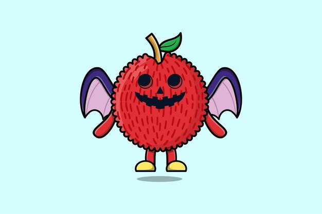 Cute mascot cartoon Lychee character Scary bats pumpkin halloween illustration