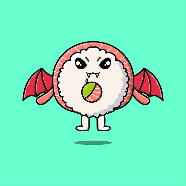 Cute mascot cartoon Rice sushi rolls sashimi character as dracula with wings in cute modern style