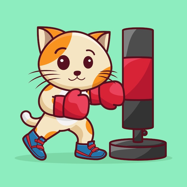 Vector cute mascot cute cat boxer wearing boxing gloves hitting the punching bag