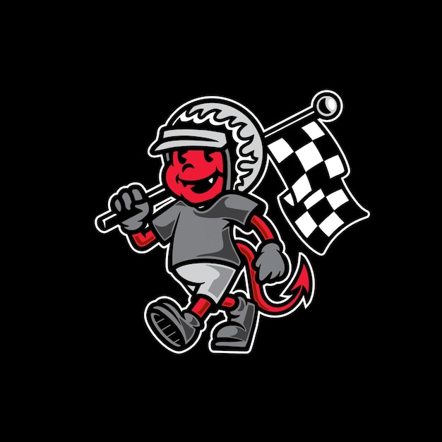 Cute mascot devil holding flag racing premium vector