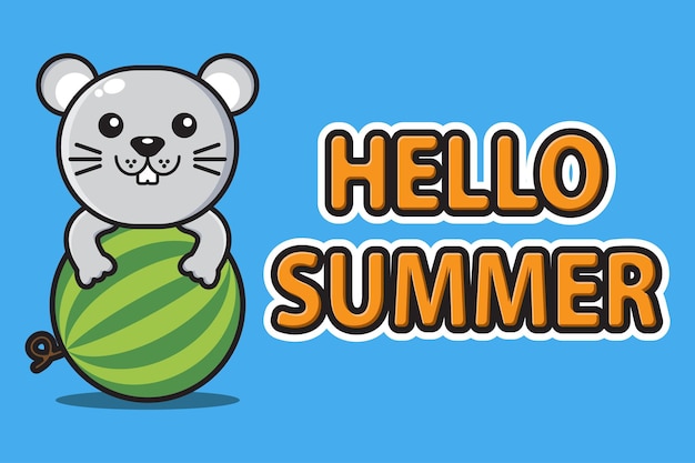 Cute mascot mouse hugging watermelon with hello summer greeting banner