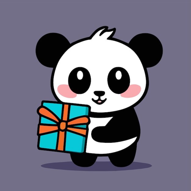 Cute mascot of a panda carrying a gift box flat cartoon design for animals Suitable for birthday