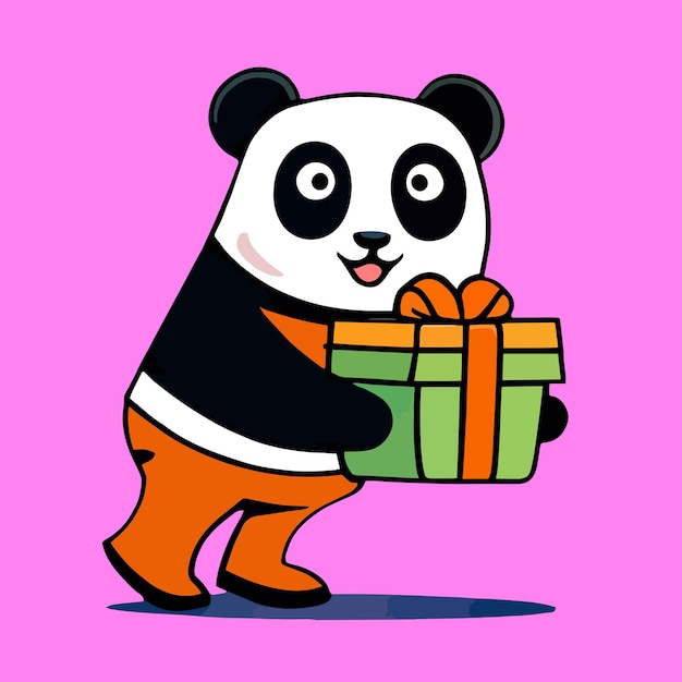 Vector cute mascot of a panda carrying a gift box flat cartoon design for animals suitable for birthday