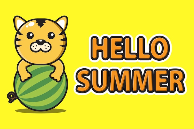 Cute mascot rooster hugging watermelon with hello summer greeting banner