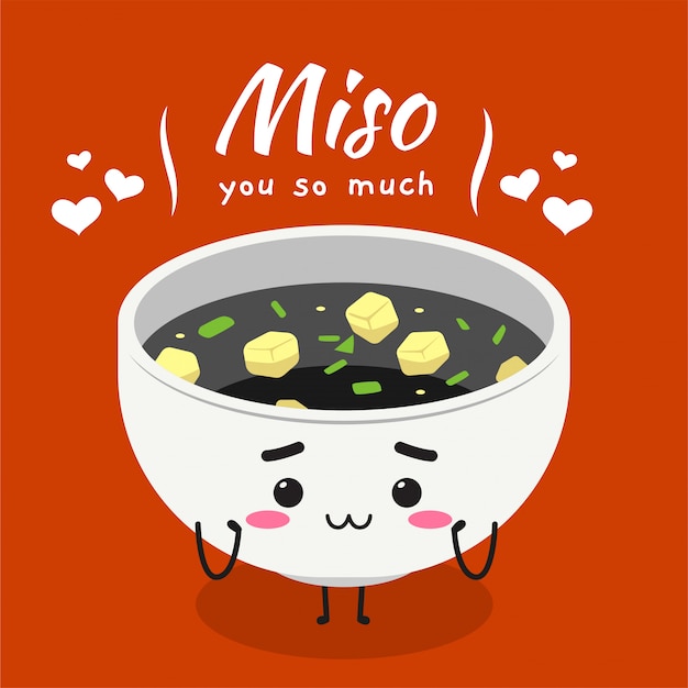 A cute mascot of white bowl of miso soup. Vector Illustration