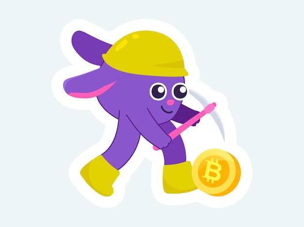 Cute mascot with pickaxe mining bitcoin Cryptocurrency and blockchain