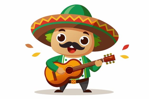 Cute maxican mariachi playing guitar and singing cartoon mascot E