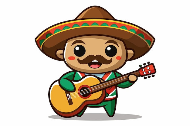 Cute maxican mariachi playing guitar and singing cartoon mascot F