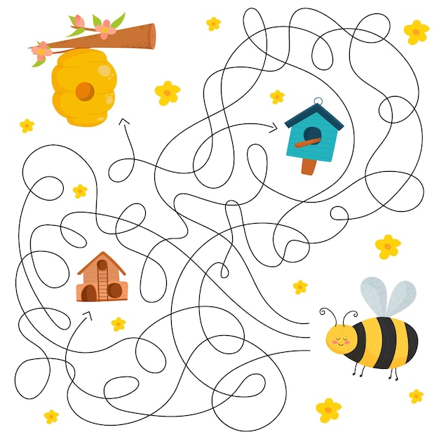 Cute maze for kidsGame for kids Puzzle for children Happy character Labyrinth conundrum Color vector EPS 10 illustration Find the right path Cartoon style Beehive hamster house birdhouse bee