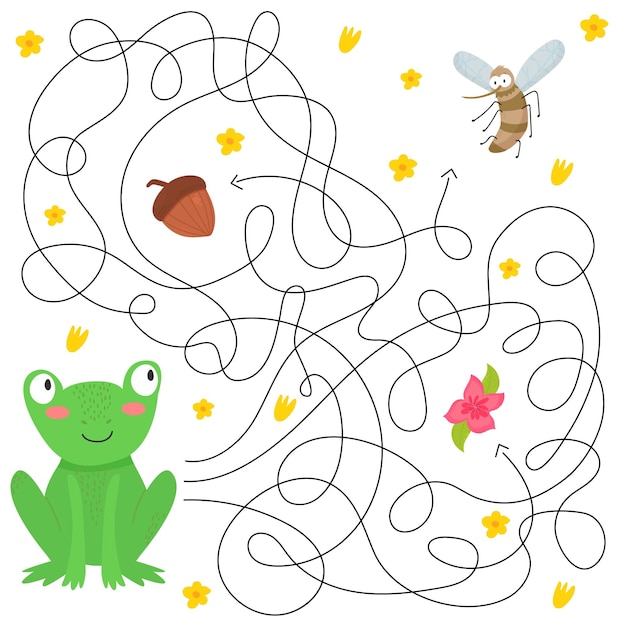 Cute maze for kidsGame for kids Puzzle for children Happy character Labyrinth conundrum Color vector EPS 10 illustration Find the right path Cartoon style Frog acorn flower mosquito