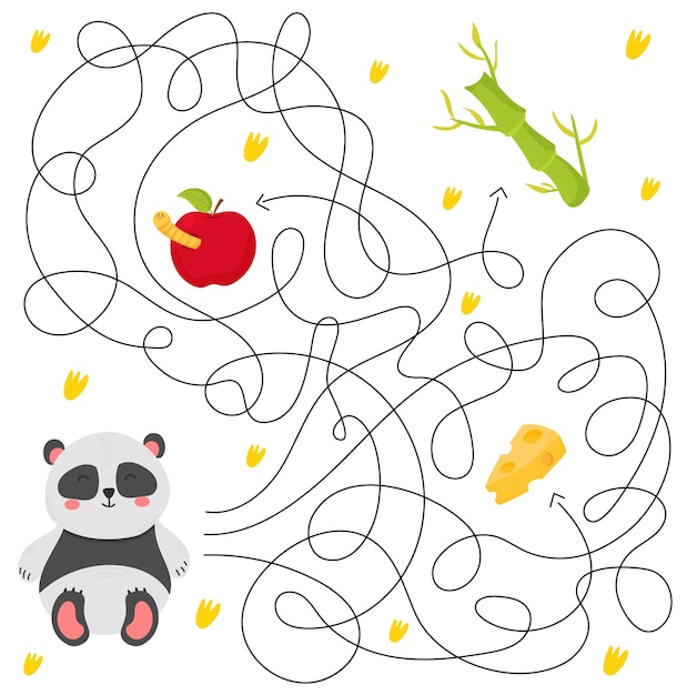 Cute maze for kidsGame for kids Puzzle for children Happy character Labyrinth conundrum Color vector EPS 10 illustration Find the right path Cartoon style Panda apple bamboo cheese