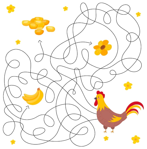 Cute maze for kidsGame for kids Puzzle for children Happy character Labyrinth conundrum Color vector EPS 10 illustration Find the right path Cartoon style Rooster banana flower grain