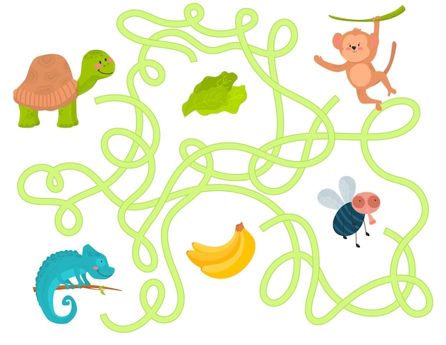 Cute maze for kidsGame for kids Puzzle for children Happy character Labyrinth conundrum Color vector EPS 10 illustration Find the right path Cartoon style Turtle chameleon banana fly monkey lettuce