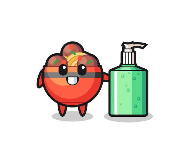 Cute meatball bowl cartoon with hand sanitizer